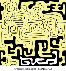 Crazy Cartoon Pattern. Seamless Graffiti Background with Scribbled Tangled Lines, Looking Like Labyrinth. Organic Hippie Style.