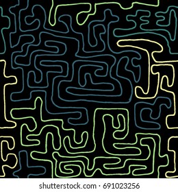 Crazy Cartoon Pattern. Seamless Graffiti Background with Scribbled Tangled Lines, Looking Like Labyrinth. Organic Hippie Style.