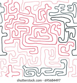 Crazy Cartoon Pattern. Seamless Graffiti Background with Scribbled Tangled Lines, Looking Like Labyrinth. Organic Hippie Style.