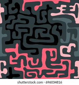 Crazy Cartoon Pattern. Seamless Graffiti Background with Scribbled Tangled Lines, Looking Like Labyrinth. Organic Hippie Style.