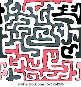 Crazy Cartoon Pattern. Seamless Graffiti Background with Scribbled Tangled Lines, Looking Like Labyrinth. Organic Hippie Style.