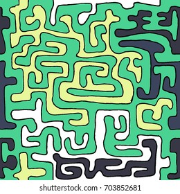 Crazy Cartoon Pattern. Seamless Graffiti Background with Scribbled Tangled Lines, Looking Like Labyrinth. Organic Hippie Style.