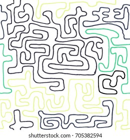 Crazy Cartoon Pattern. Seamless Graffiti Background with Scribbled Tangled Lines, Looking Like Labyrinth. Organic Hippie Style.