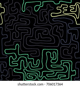 Crazy Cartoon Pattern. Seamless Graffiti Background with Scribbled Tangled Lines, Looking Like Labyrinth. Organic Hippie Style.