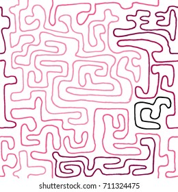 Crazy Cartoon Pattern. Seamless Graffiti Background with Scribbled Tangled Lines, Looking Like Labyrinth. Organic Hippie Style.
