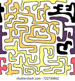 Crazy Cartoon Pattern. Seamless Graffiti Background with Scribbled Tangled Lines, Looking Like Labyrinth. Organic Hippie Style.