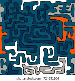 Crazy Cartoon Pattern. Seamless Graffiti Background with Scribbled Tangled Lines, Looking Like Labyrinth. Organic Hippie Style.