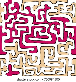 Crazy Cartoon Pattern. Seamless Graffiti Background with Scribbled Tangled Lines, Looking Like Labyrinth. Organic Hippie Style.
