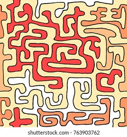 Crazy Cartoon Pattern. Seamless Graffiti Background with Scribbled Tangled Lines, Looking Like Labyrinth. Organic Hippie Style.