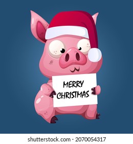 Crazy Cartoon Pig Wearing Santa Clause Hat and Wishing Merry Christmas Premium Vector