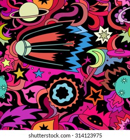 Crazy cartoon seamless pattern with planets, stars. Colorful vector background on the space theme.