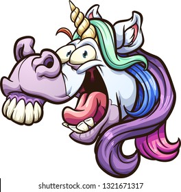 Crazy cartoon unicorn head laughing and neighing clip art. Vector illustration with simple gradients. All in a single layer. 
