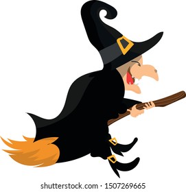 Crazy cartoon witch flies on a broomstick. Vector illustration. Halloween Attributes