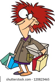 crazy cartoon woman with a bunch of shopping bags