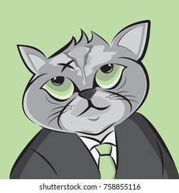 Crazy Cat with Black suit, Cartoon character design Business Concept vector illustration.