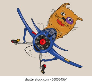Crazy cat flying on the propeller plane