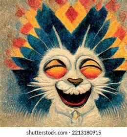 crazy cat funny cartoon smile vector laughter fun madness bright colored oil rainbow wool eyes pet character illustration stylization