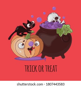 CRAZY CAT Halloween Pumpkin Animal Funny Flat Design Cartoon Hand Drawn Vector Illustration Set For Print