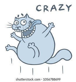 Crazy cat jumps from happiness. Vector illustration. Cartoon animal character.