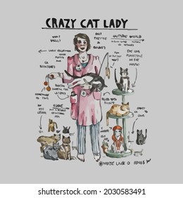 crazy cat lady facts funny cat lovers art jersey vector design illustration print wall art poster canvas