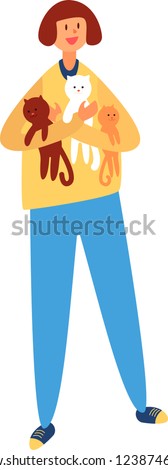 Crazy cat lady holding three cats. Flat design character. Vector illustration isolated on white background.