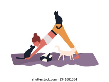 Crazy cat lady performing gymnastic exercise or practicing yoga with her pets. Young woman and her domestic animals. Funny characters isolated on white background. Flat cartoon vector illustration.