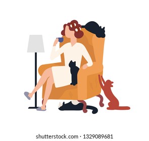 Crazy cat lady sitting in armchair surrounded by her pets and drinking coffee. Portrait of woman with her domestic animals. Cartoon characters isolated on white background. Flat vector illustration.