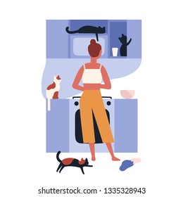 Crazy cat lady standing in kitchen full of her kitties and cooking. Home scene with woman and her domestic animals. Lonely pet owner. Back view. Colorful vector illustration in flat cartoon style.