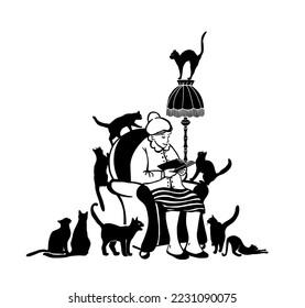 Crazy Cat Lady Stick Figure Pictogram Icons. Illustrations depicts a woman with a lot of cats in her house. She adopts, loves, and feeds stray cats. Vector illustration