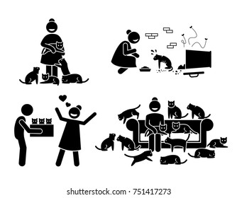 Crazy Cat Lady Stick Figure Pictogram Icons. Illustrations Depicts A Woman With A Lot Of Cats In Her House. She Adopts, Loves, And Feeds Stray Cats. 