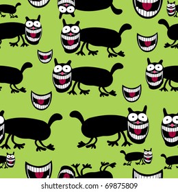Crazy cats on green background - pattern