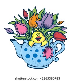 Chick loco se sienta en tetera con flores primaverales en colores pastelPara pegatinas, postales, vacaciones primaverales, Pascua, Día de San Valentín, Día de la Madre y la Mujer, cumpleaños