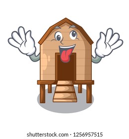 Crazy chicken in a wooden cartoon coop