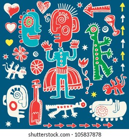 crazy childlike doodles, hand drawn design elements