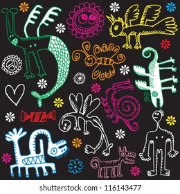 crazy childlike doodles, hand drawn design elements