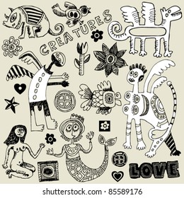 crazy childlike doodles, hand drawn design elements