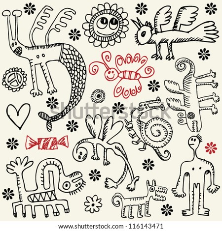 crazy childlike doodles, hand drawn design elements