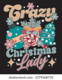Crazy Christmas Lady Retro Boho Christmas T shirt Design