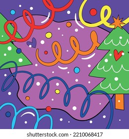 Crazy Christmas party colorful card with christmas tree and decorations. Vector square poster on fancy and psychedelic Christmas. Hippie and funky vibes 1970