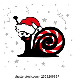 Caracol de Natal louco em chapéu de Santa e pirulito. Personagem emocional preto vermelho festivo engraçado com confete, neve, glitter e serpentina Ano Novo. Para cartão ou adesivo