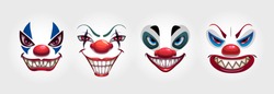 Crazy Clowns Faces On White Background. Circus Monsters. Scary Evil Clown Smile. Vector Icons Set.