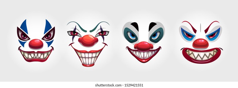 Crazy clowns faces on white background. Circus monsters. Scary evil clown smile. Vector icons set.