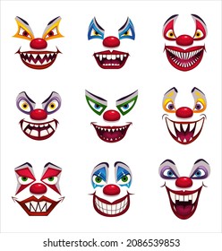 Crazy clowns faces on white background. Fantastic scary clown. Isolated on white. Scary vector.