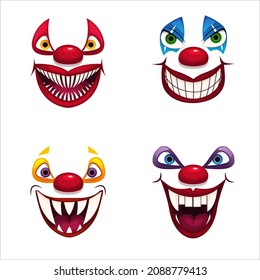 Crazy clowns faces on white background. Fantastic scary clown. Isolated on white. Scary vector.