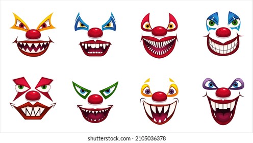 Crazy clowns faces on white background. Fantastic scary clown. Isolated on white. Scary vector.