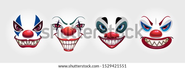 Crazy clowns faces on white\
background. Circus monsters. Scary evil clown smile. Vector icons\
set.