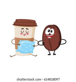 Crazy coffee bean and sleepy paper cup characters, breakfast, morning, wake up concept, cartoon vector illustration isolated on white background. Coffee bean and paper coffee cup characters, mascots