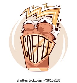 "Crazy coffee cup" sticker concept.Vector template for funny design.