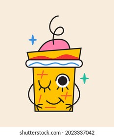 Crazy coffee cup sticker vector. Abstract comic character with big angry eye in trendy hand drawn style. Cute elements and shapes for social net in bright colors.