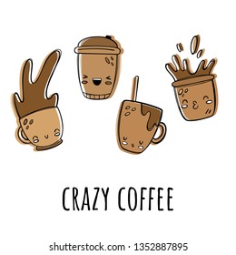 Crazy coffee. Vector set in the style of kawaii, Emoji. 4 types of coffee, different emotions. eps 10.